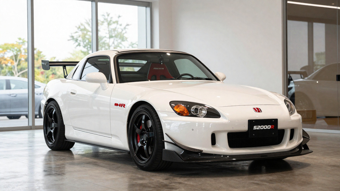 Carro esportivo branco Honda S2000R estacionado em interior com piso de concreto polido.