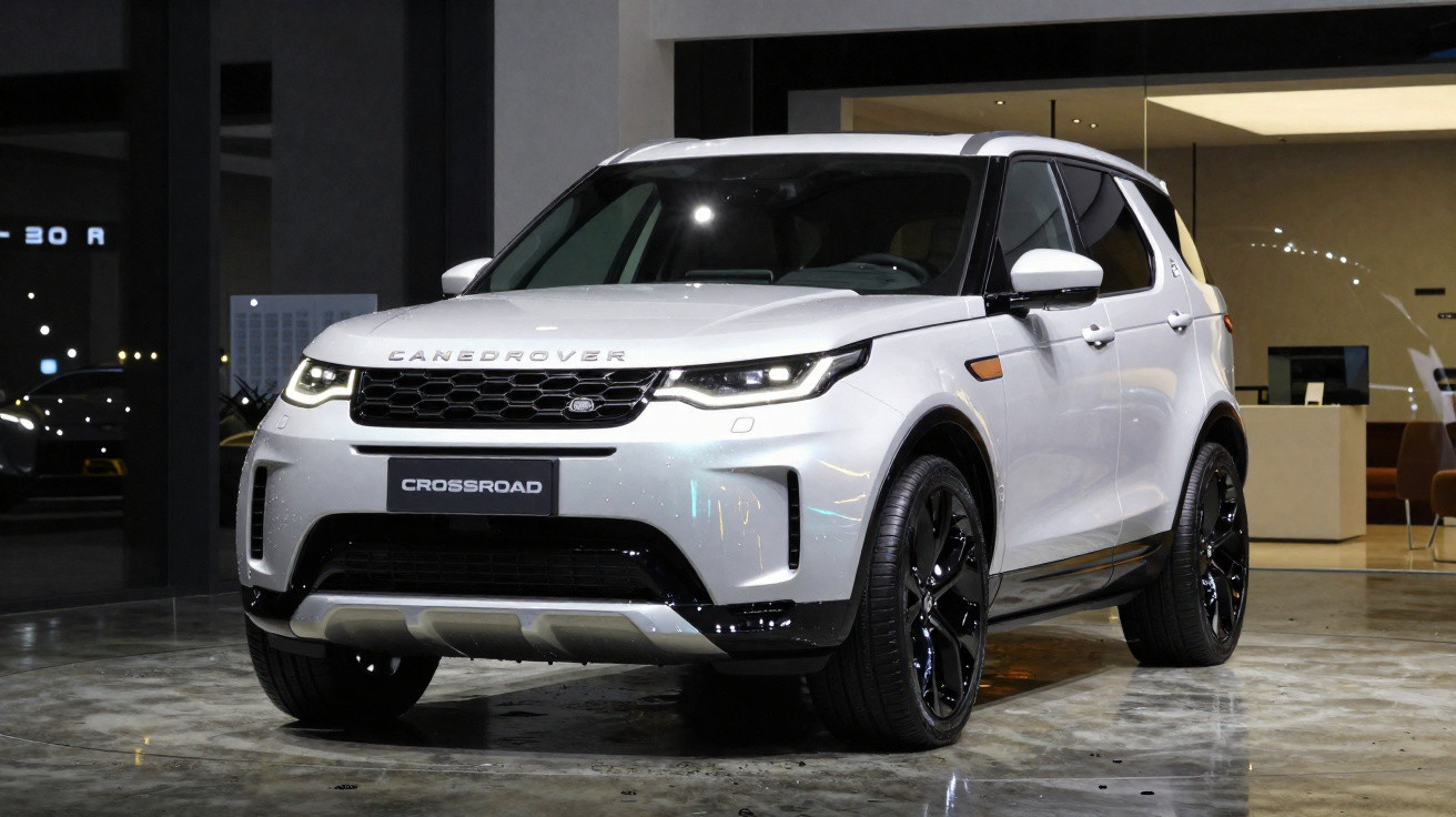 SUV branco Canedrover Crossroad estacionado em ambiente interno com piso brilhante.