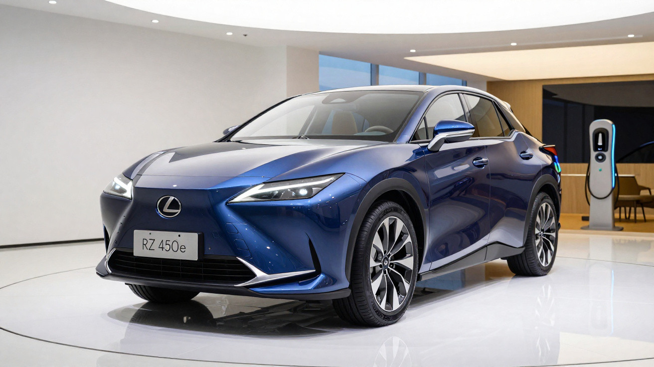 Carro elétrico Lexus RZ 450e azul exibido em ambiente interno moderno com estação de recarga ao fundo.