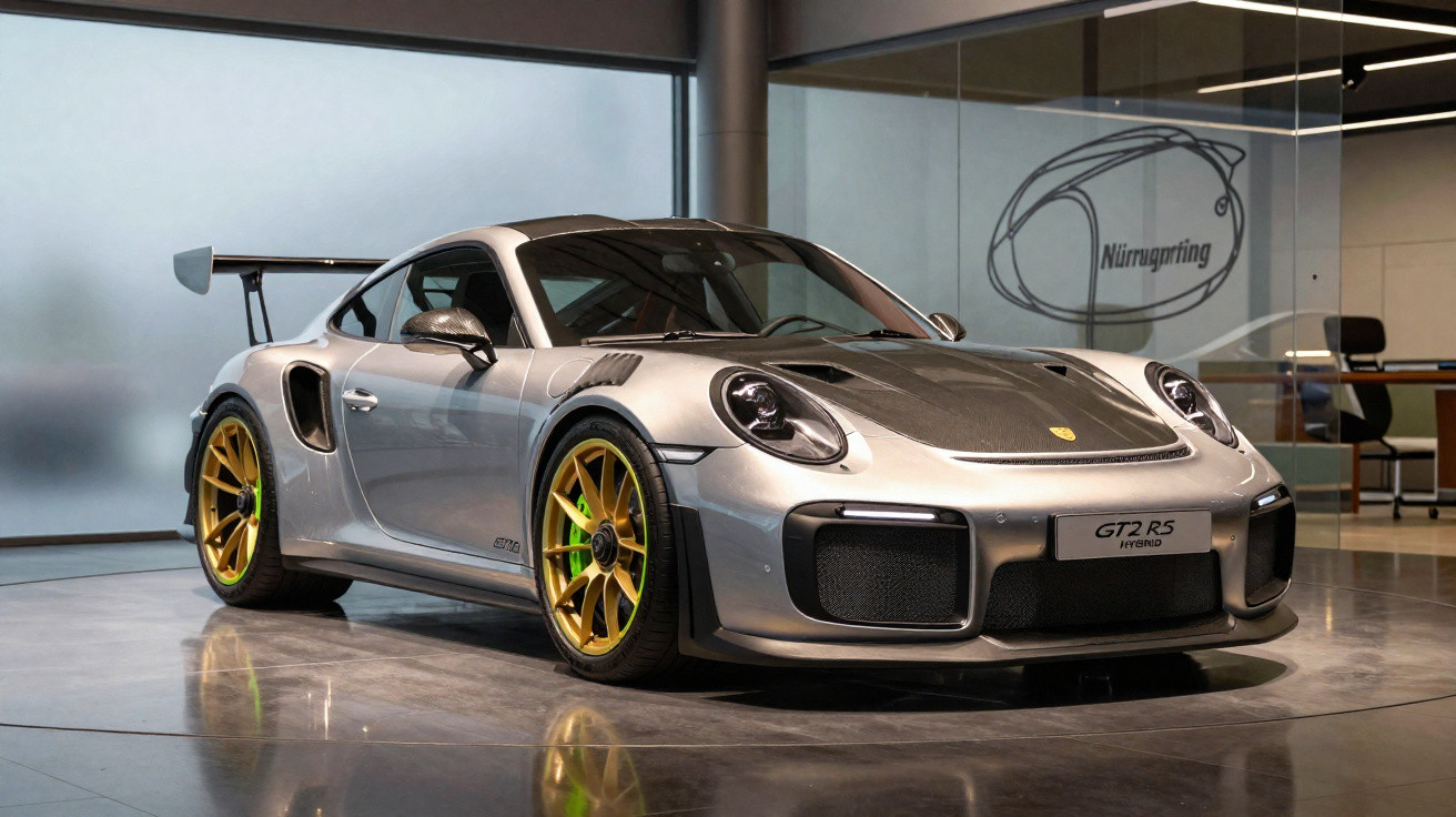 Carro esportivo Porsche GT2 RS prata com rodas douradas em ambiente interno moderno.