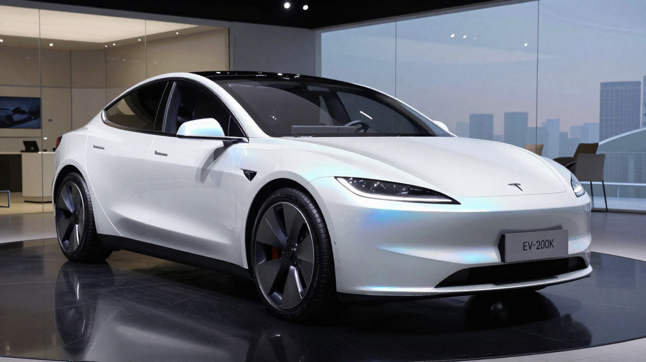 Carro elétrico branco Tesla Model S EV-200K em exposição dentro de showroom moderno.