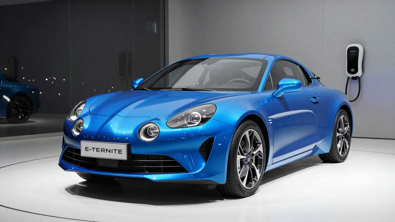 Carro esportivo elétrico azul Alpine E-Ternite exposto em salão com carregador na parede atrás.