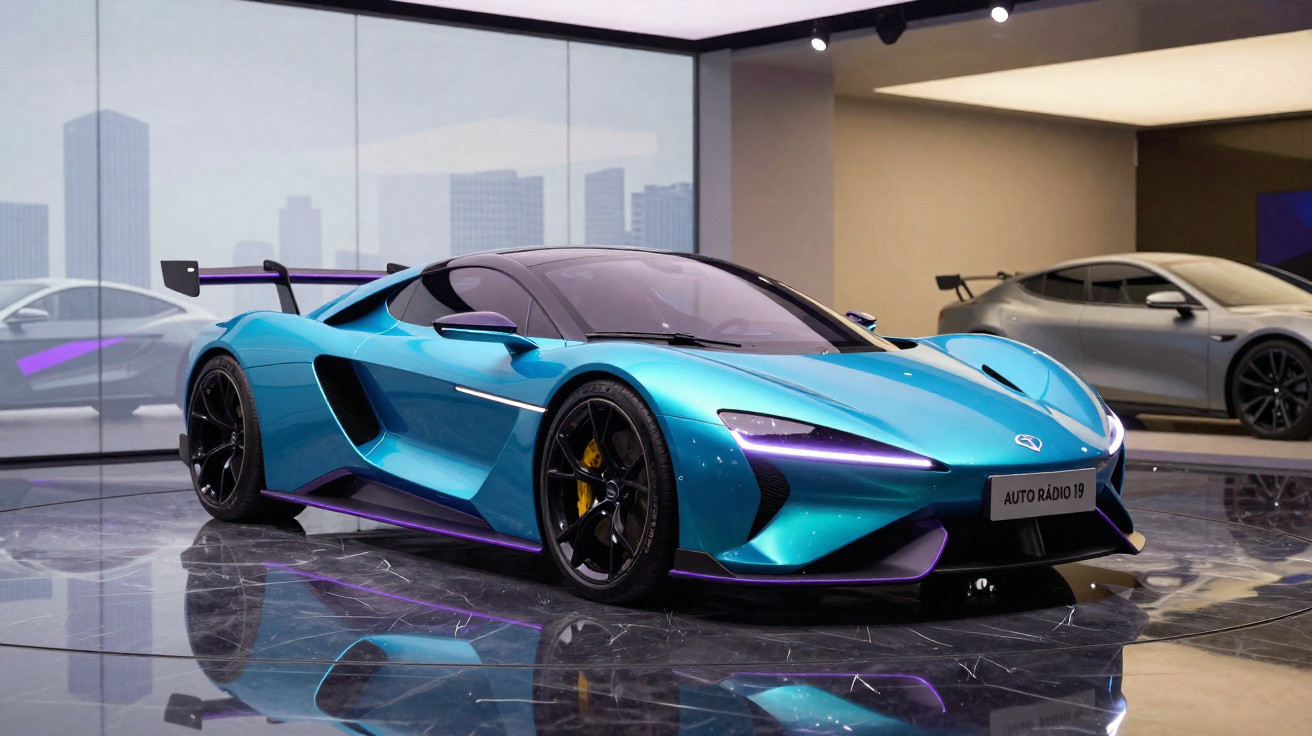 Carro esportivo azul metálico com detalhes em roxo exibido em salão com piso refletivo.