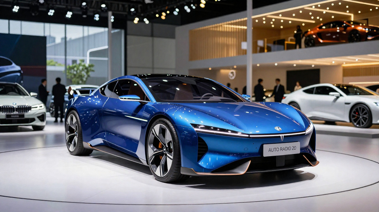 Carro esportivo azul brilhante exposto em salão de automóveis moderno com iluminação e outros veículos ao fundo.