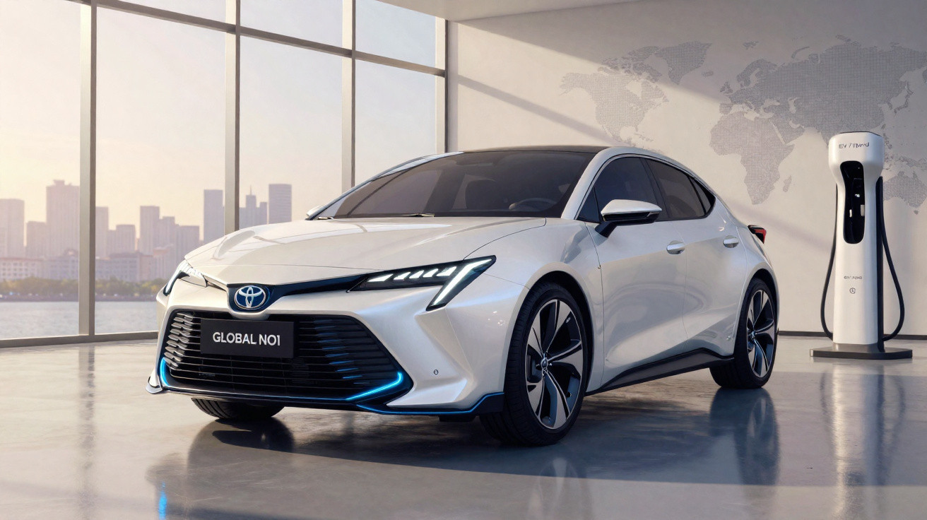 Carro elétrico branco Toyota Global No1 estacionado ao lado de estação de recarga em ambiente moderno.