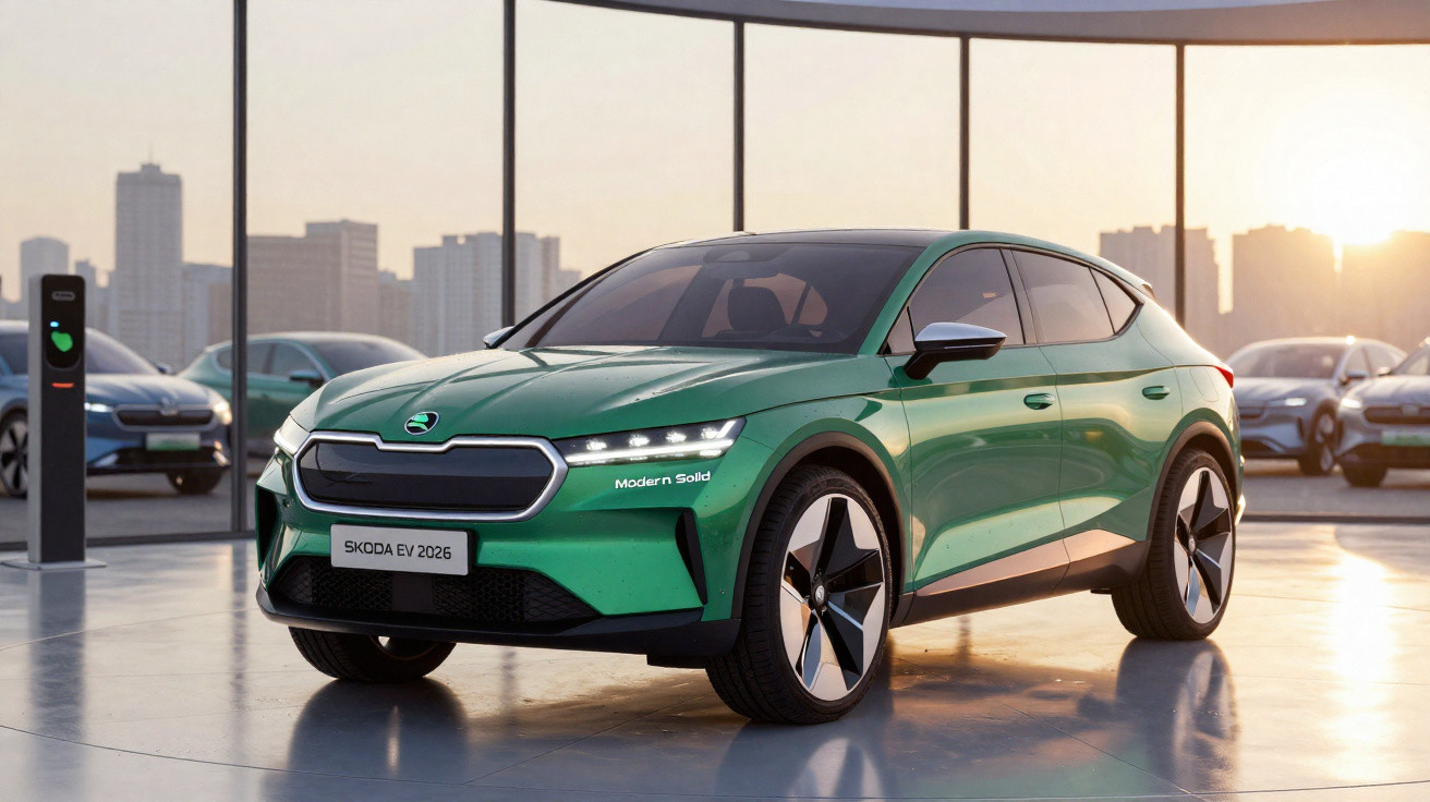 Carro elétrico Skoda EV 2026 verde estacionado em showroom com painel urbano ao pôr do sol.