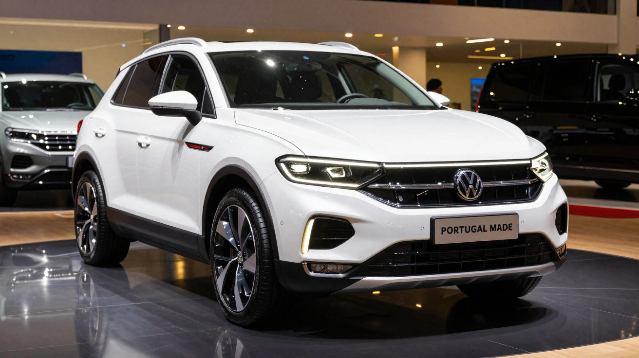 SUV Volkswagen branco exposto em ambiente interno, com placa "Portugal Made" na frente.