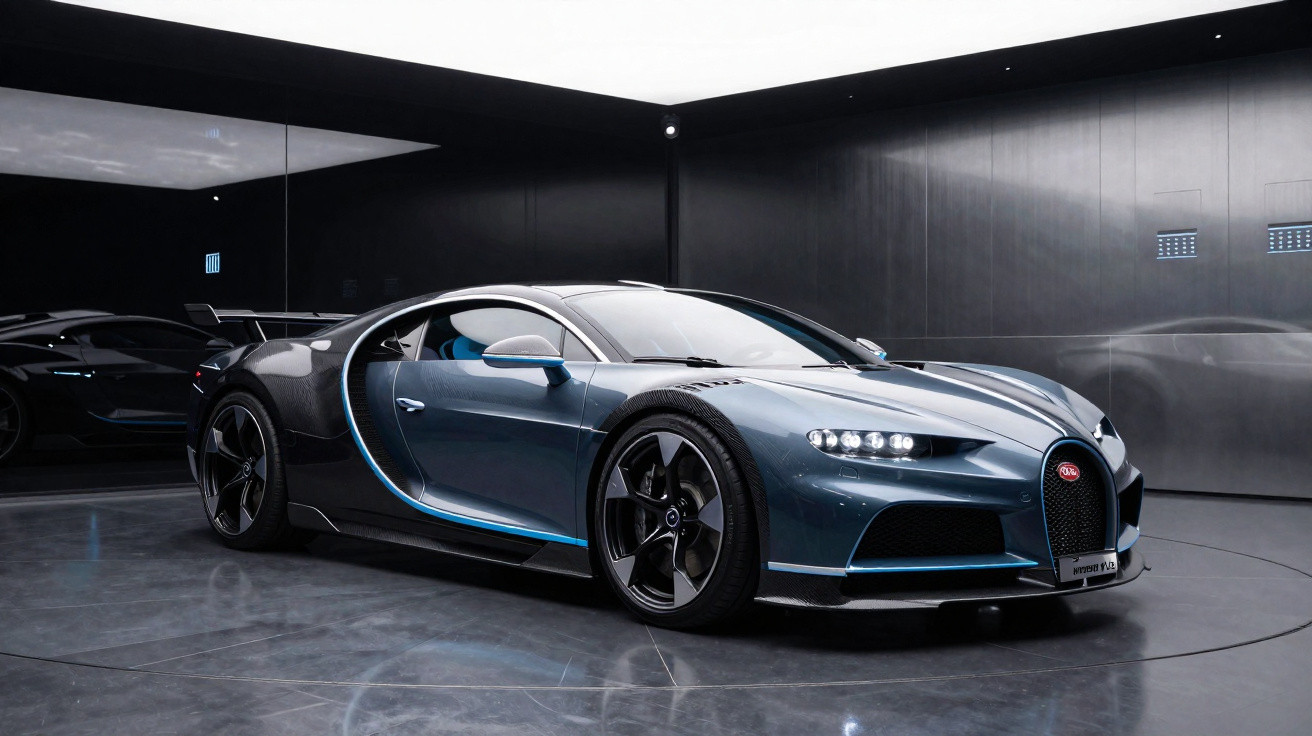 Carro esportivo Bugatti Chiron azul em garagem moderna com paredes pretas e piso refletivo.