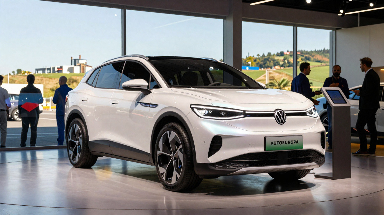 Carro elétrico branco da Volkswagen em exposição com pessoas ao fundo em ambiente interno.