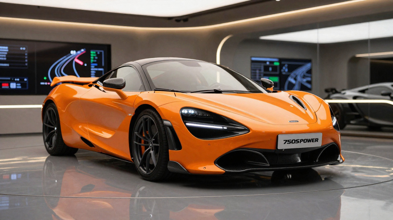 Carro esportivo laranja McLaren 750S Power estacionado em showroom moderno com luzes no teto.