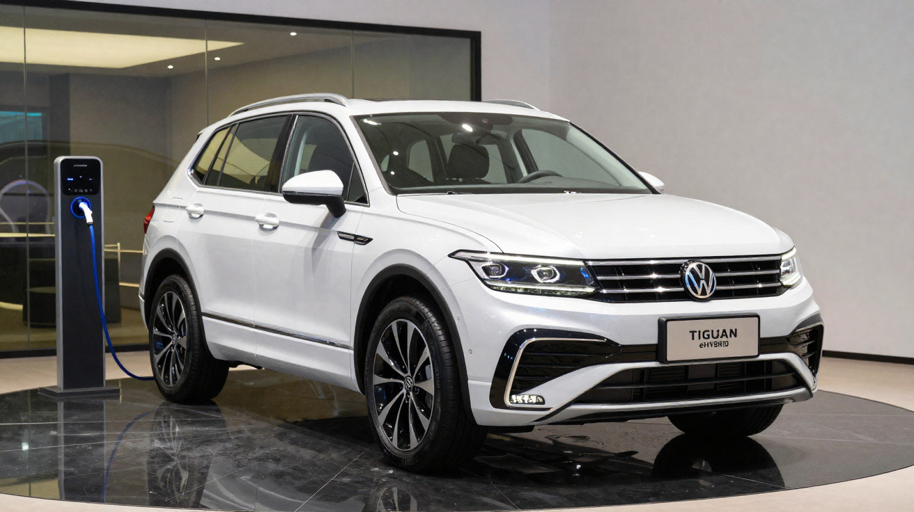 SUV branco Volkswagen Tiguan híbrido plugado em estação de carregamento em ambiente interno.
