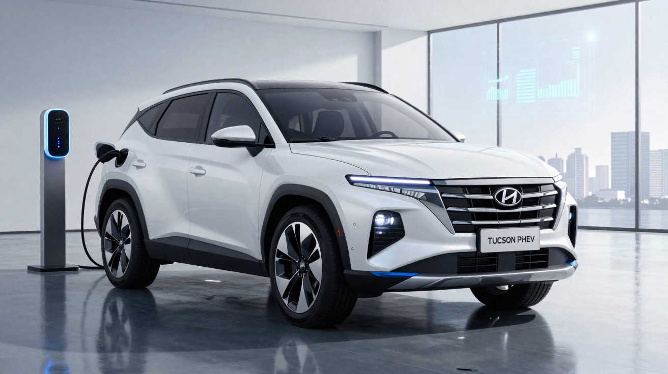 SUV branco Hyundai Tucson PHEV estacionado em ambiente interno, conectado a carregador elétrico.