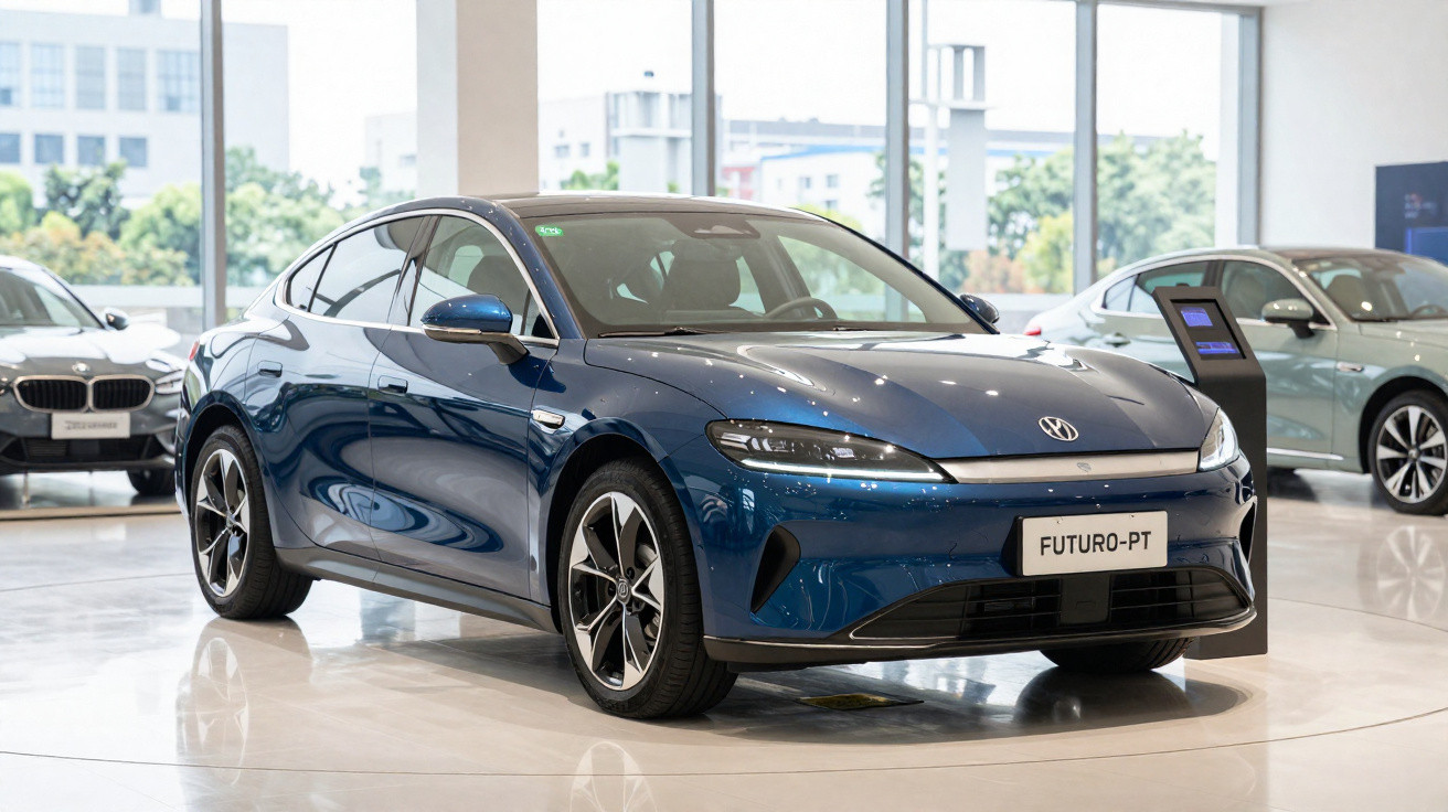 Carro elétrico azul brilhante modelo Futuro-PT em exposição dentro de showroom moderno e iluminado.