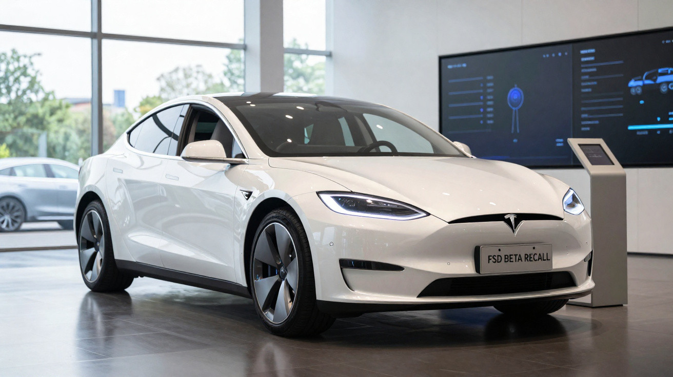 Carro elétrico branco Tesla modelo S em showroom moderno com tela digital ao fundo.