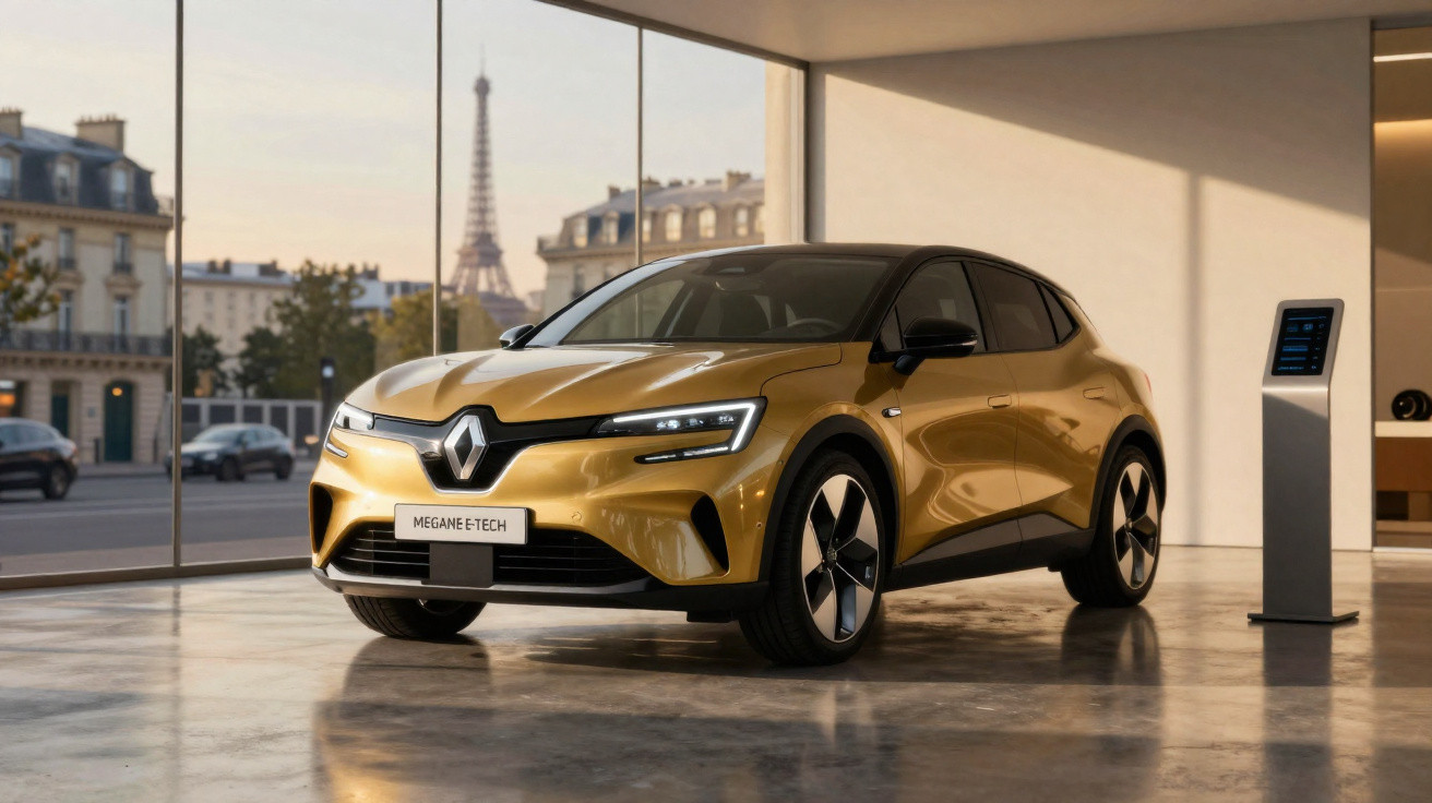Carro elétrico Renault Megane E-Tech dourado exibido em showroom com vista da Torre Eiffel ao fundo.