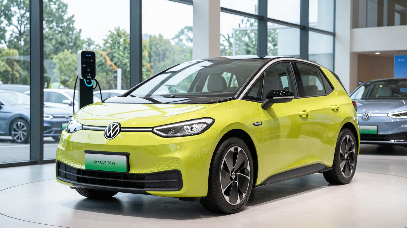 Carro elétrico Volkswagen ID. Golf 2025 amarelo carregando em estação dentro de showroom moderno.