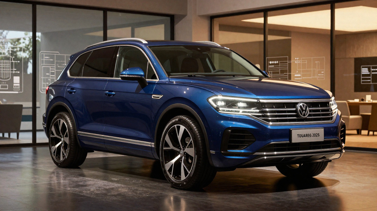SUV Volkswagen Touareg 2025 azul escuro estacionado em ambiente interno moderno e iluminado.