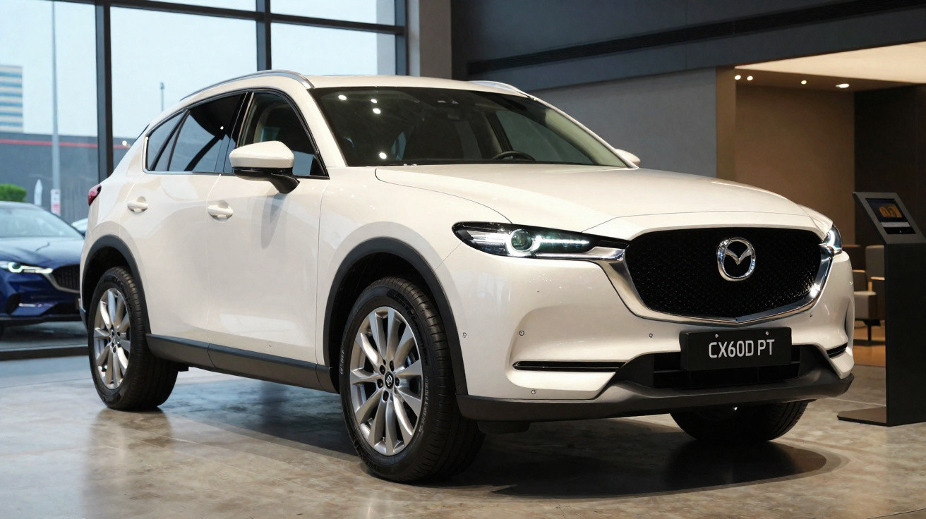 SUV branco Mazda CX-60 estacionado em ambiente interno com piso de concreto e fundo com vidro.