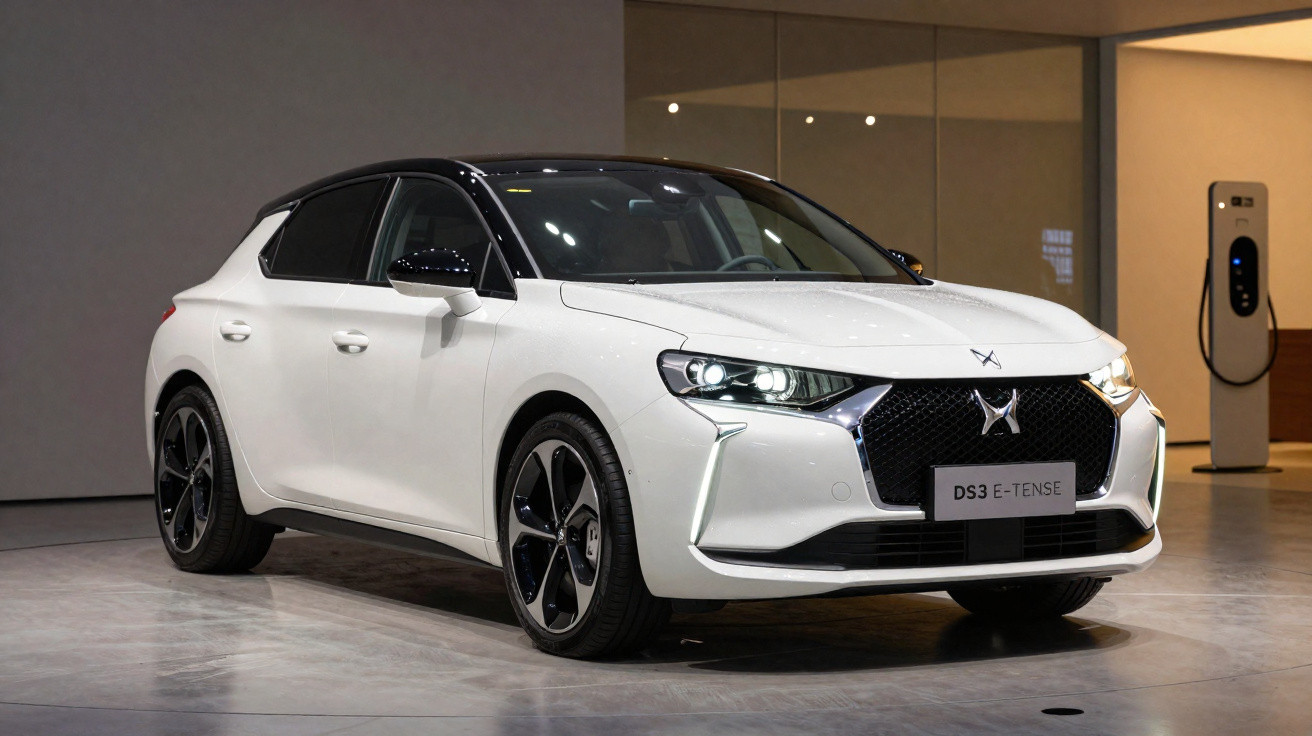 Carro elétrico branco DS3 E-Tense estacionado em ambiente interno ao lado de carregador elétrico.