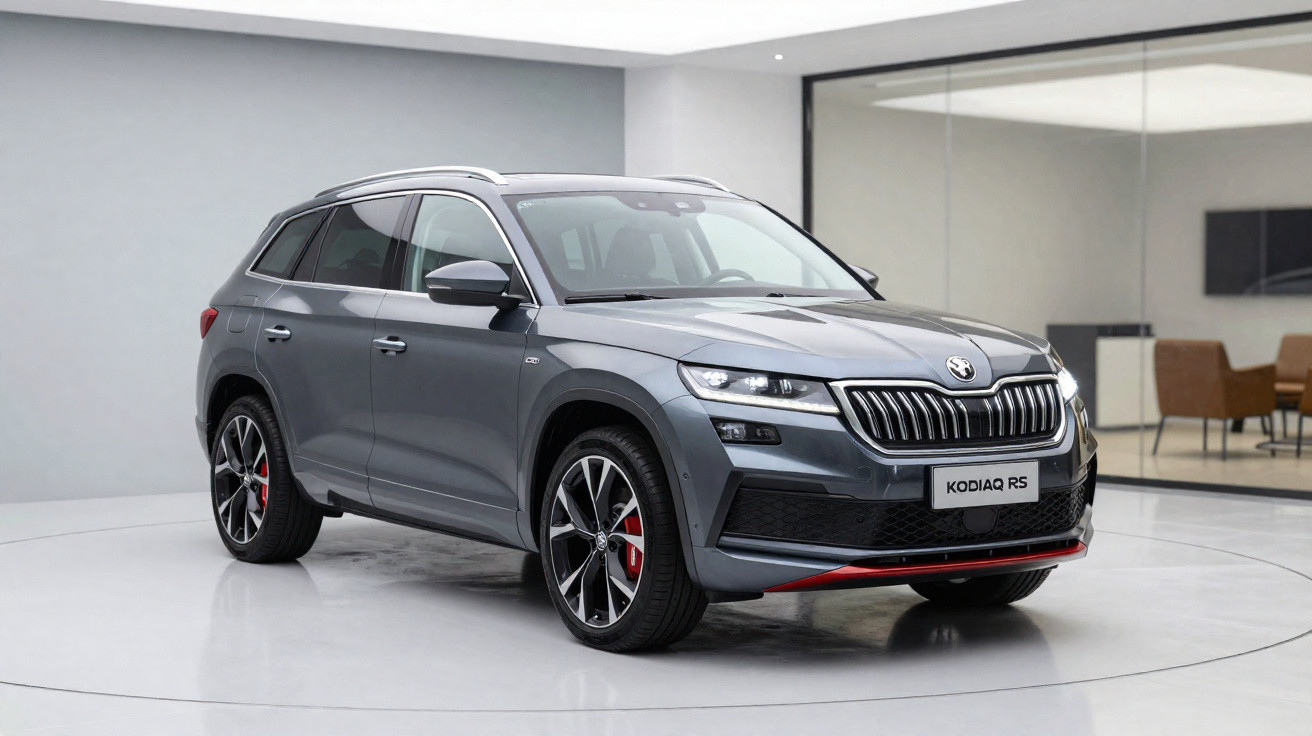 SUV Skoda Kodiaq RS cinza em ambiente interno moderno com rodas esportivas e detalhes vermelhos.