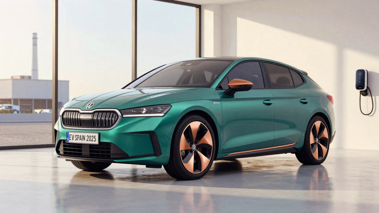 Carro elétrico verde com detalhes cobre estacionado em garagem com carregador na parede.
