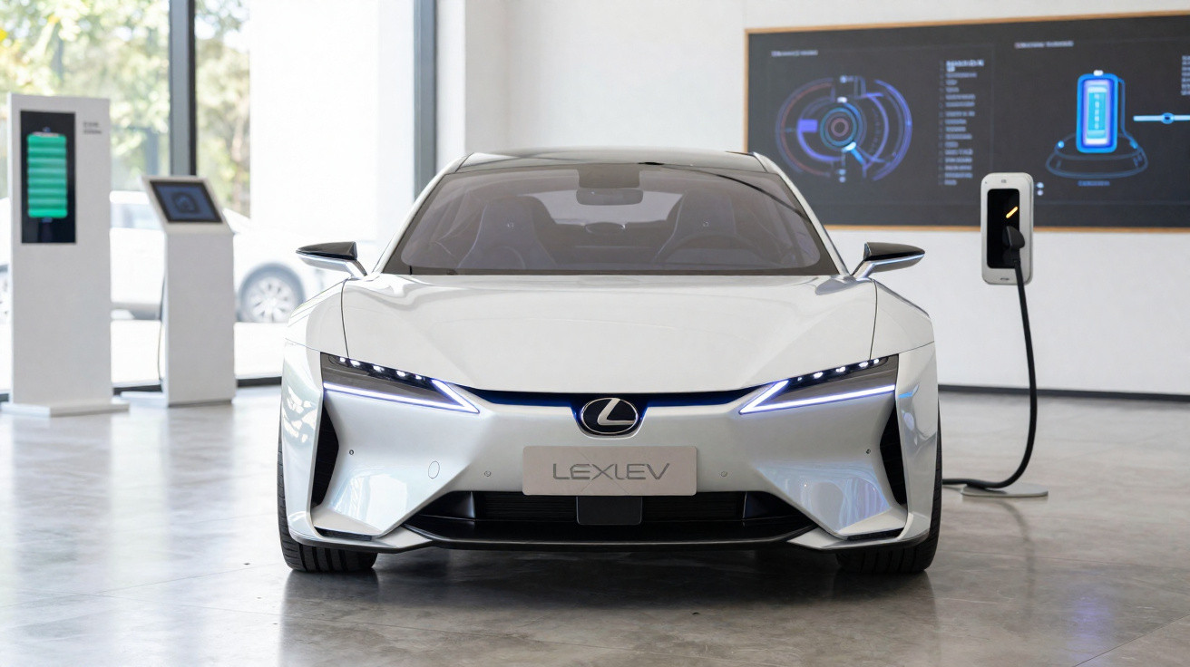 Carro elétrico branco Lexus carregando em estação interna com painel informativo no fundo.