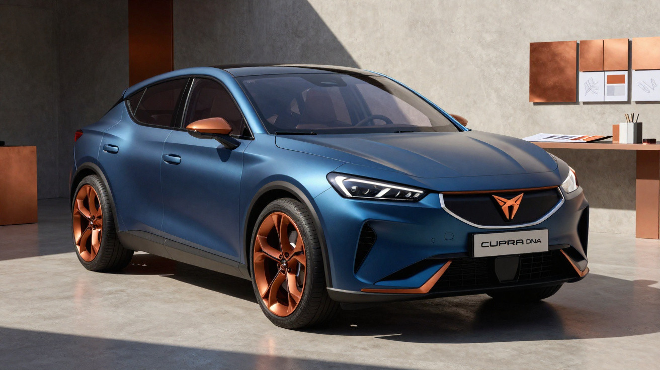 Carro elétrico Cupra azul com detalhes e rodas em cobre em ambiente interno moderno e iluminado.