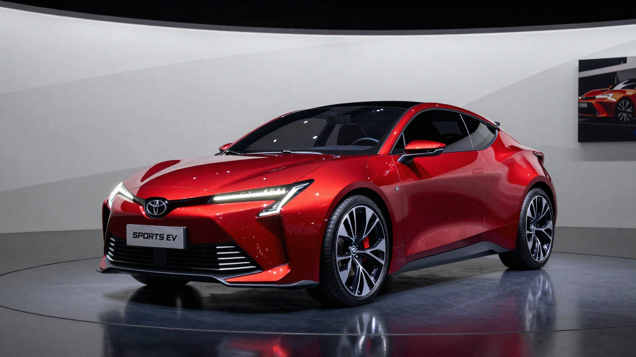 Carro esportivo elétrico vermelho Toyota Sports EV exibido em ambiente moderno e iluminado.