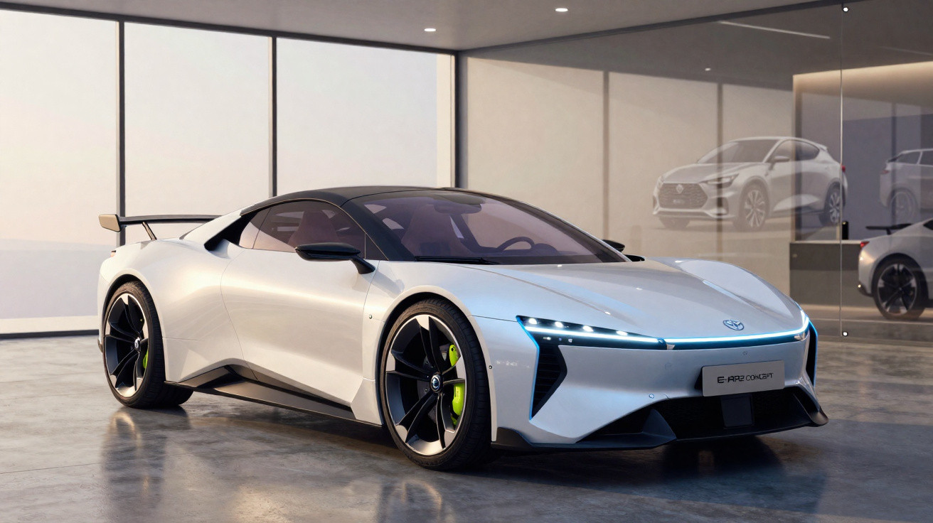 Carro esportivo elétrico prata com design futurista em uma sala de exposição moderna e iluminada.