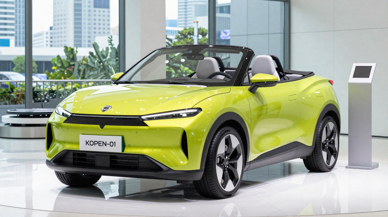 Carro esportivo conversível verde-limão Kopen-01 em exposição interna moderna.