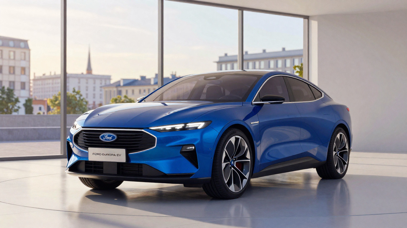Carro elétrico azul Ford Europa EV estacionado em ambiente interno com janela grande ao fundo.