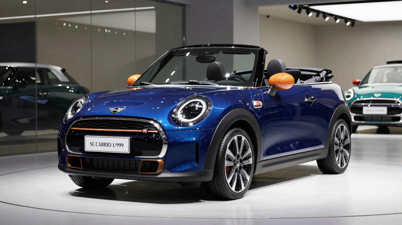 Carro conversível azul com detalhes laranja exposto em showroom moderno e iluminado.