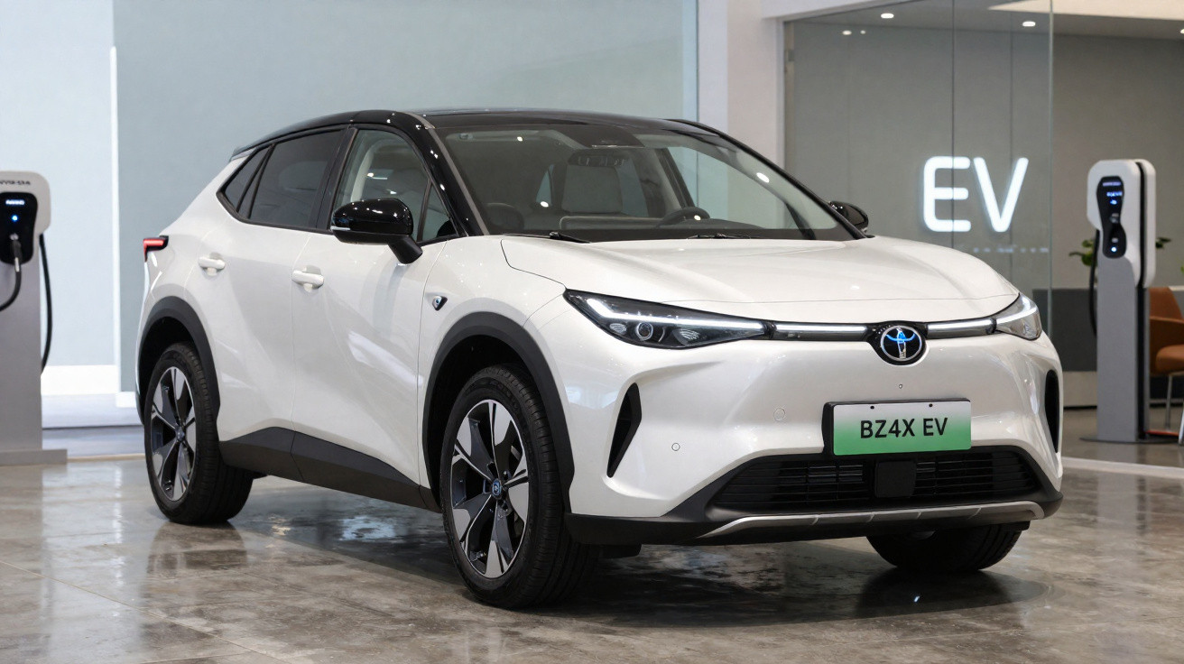 Carro elétrico Toyota BZ4X branco estacionado em showroom com carregadores EV ao fundo.
