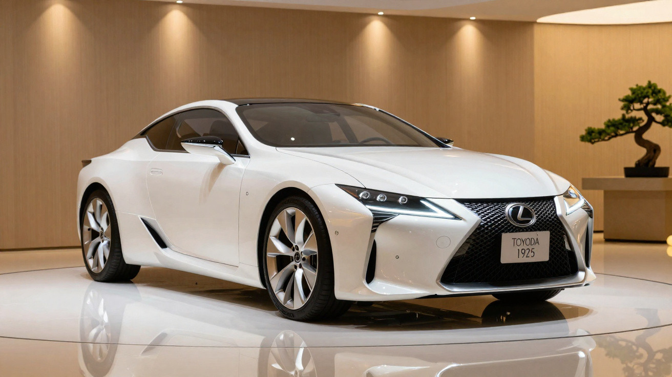 Carro esportivo branco Lexus exibido em salão moderno com piso brilhante e planta decorativa ao fundo.