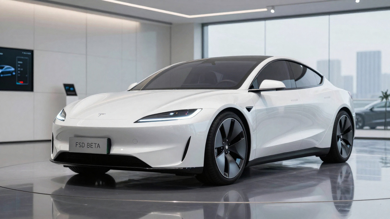 Carro elétrico branco Tesla Model S em exposição dentro de showroom moderno e iluminado.