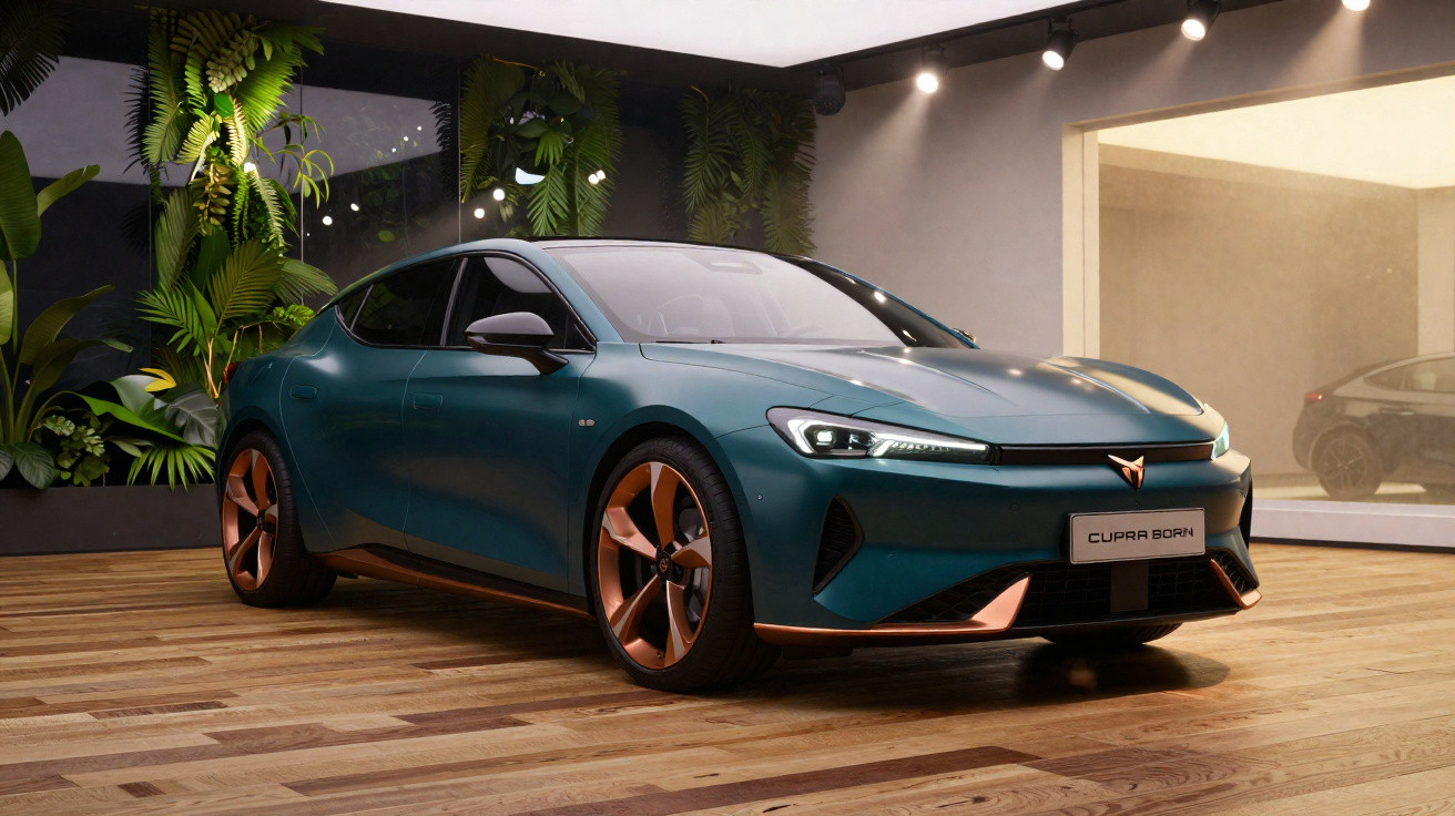Carro elétrico Cupra Born azul com detalhes em bronze estacionado em ambiente interno moderno com plantas.