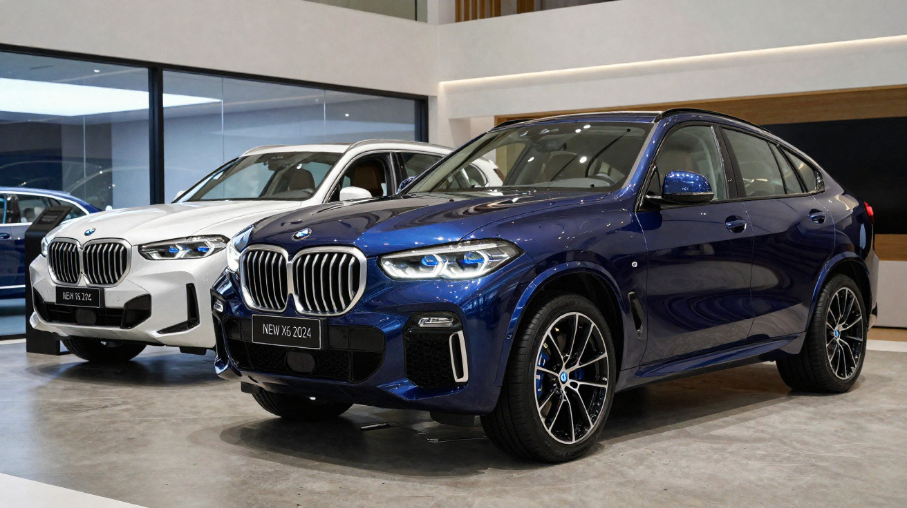 Dois carros BMW X6 2024, um azul e outro branco, exibidos em showroom moderno.