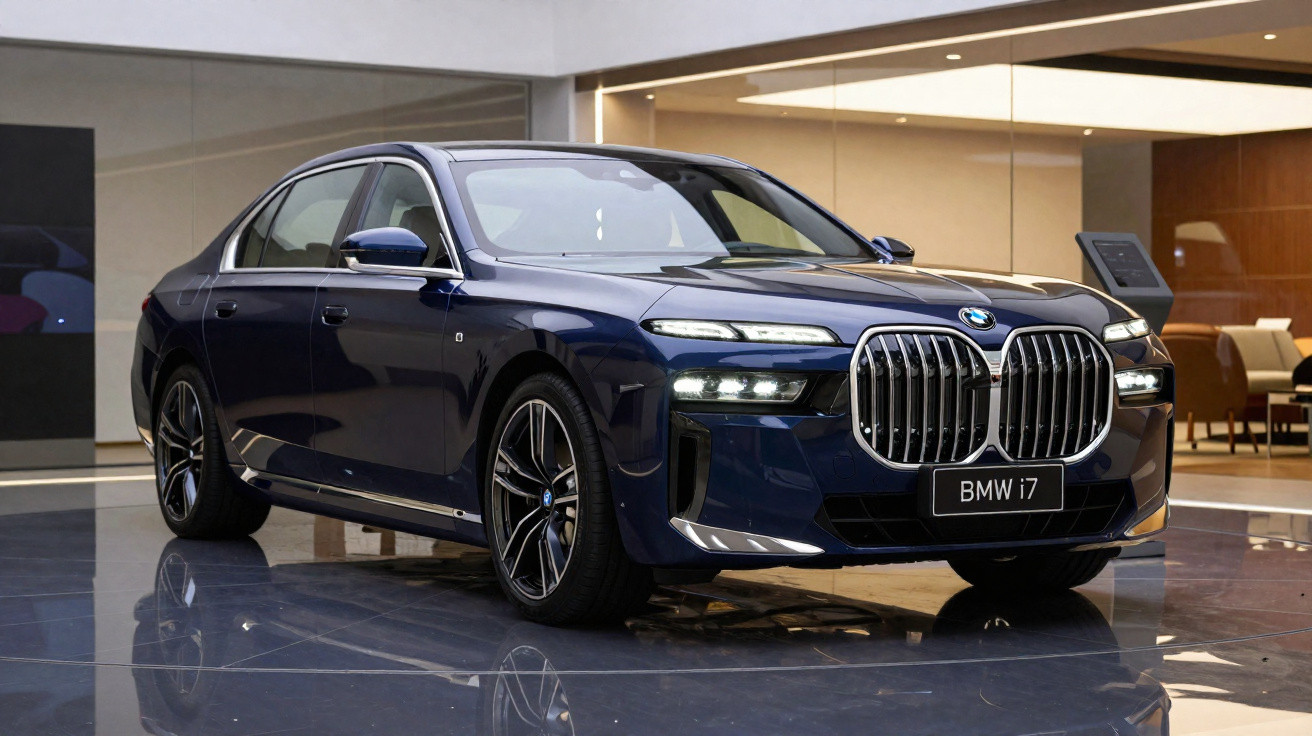 Carro BMW i7 azul escuro em exposição interna com detalhes cromados e iluminação acesa.