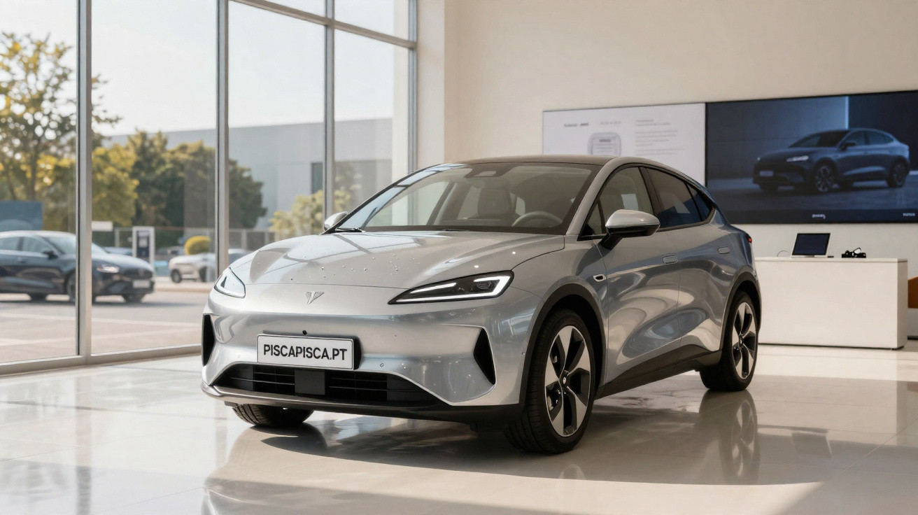 Carro elétrico prateado moderno exposto em showroom com grandes janelas e piso branco brilhante.
