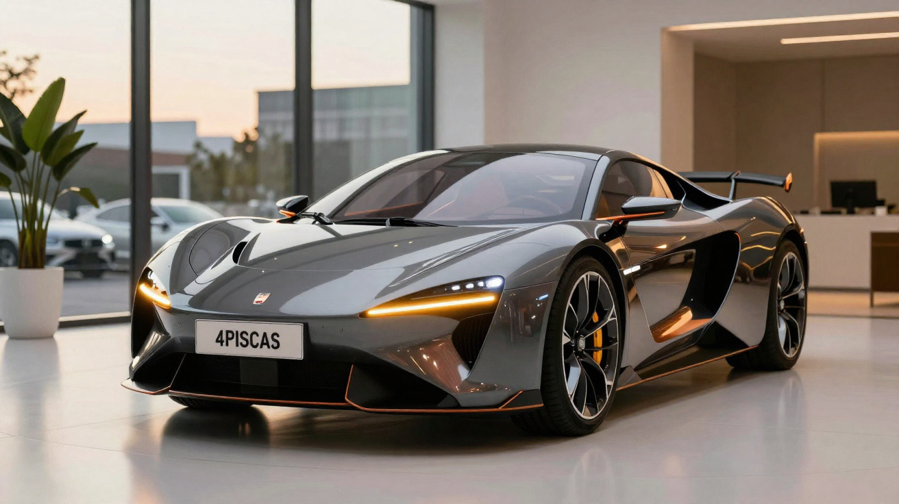 Carro esportivo cinza metálico com faróis acesos em showroom moderno e iluminado.