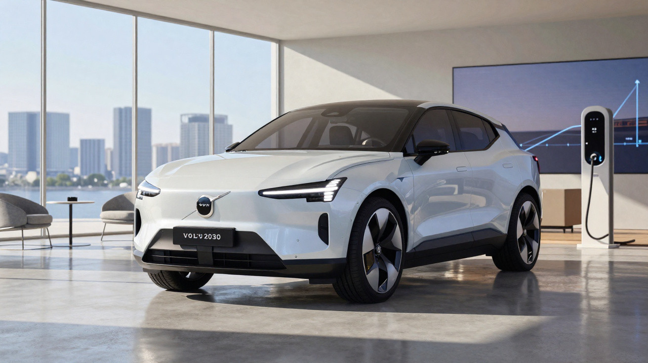 Carro elétrico branco Volvo 2030 em showroom moderno com estação de recarga ao fundo.