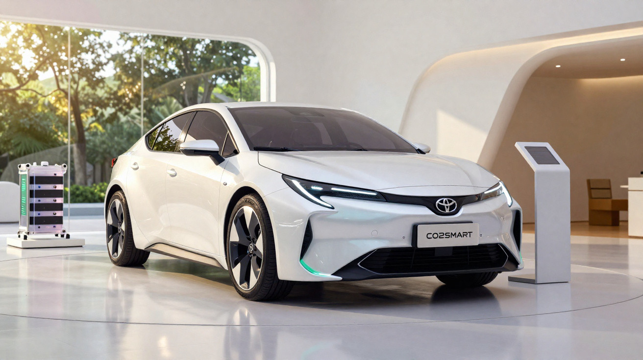 Carro elétrico branco Toyota CO2Smart em ambiente moderno e iluminado, com pedestal digital ao lado.
