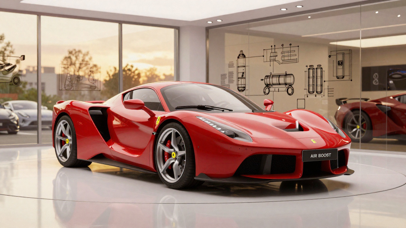 Carro esportivo vermelho da Ferrari exibido em showroom moderno com paredes de vidro.