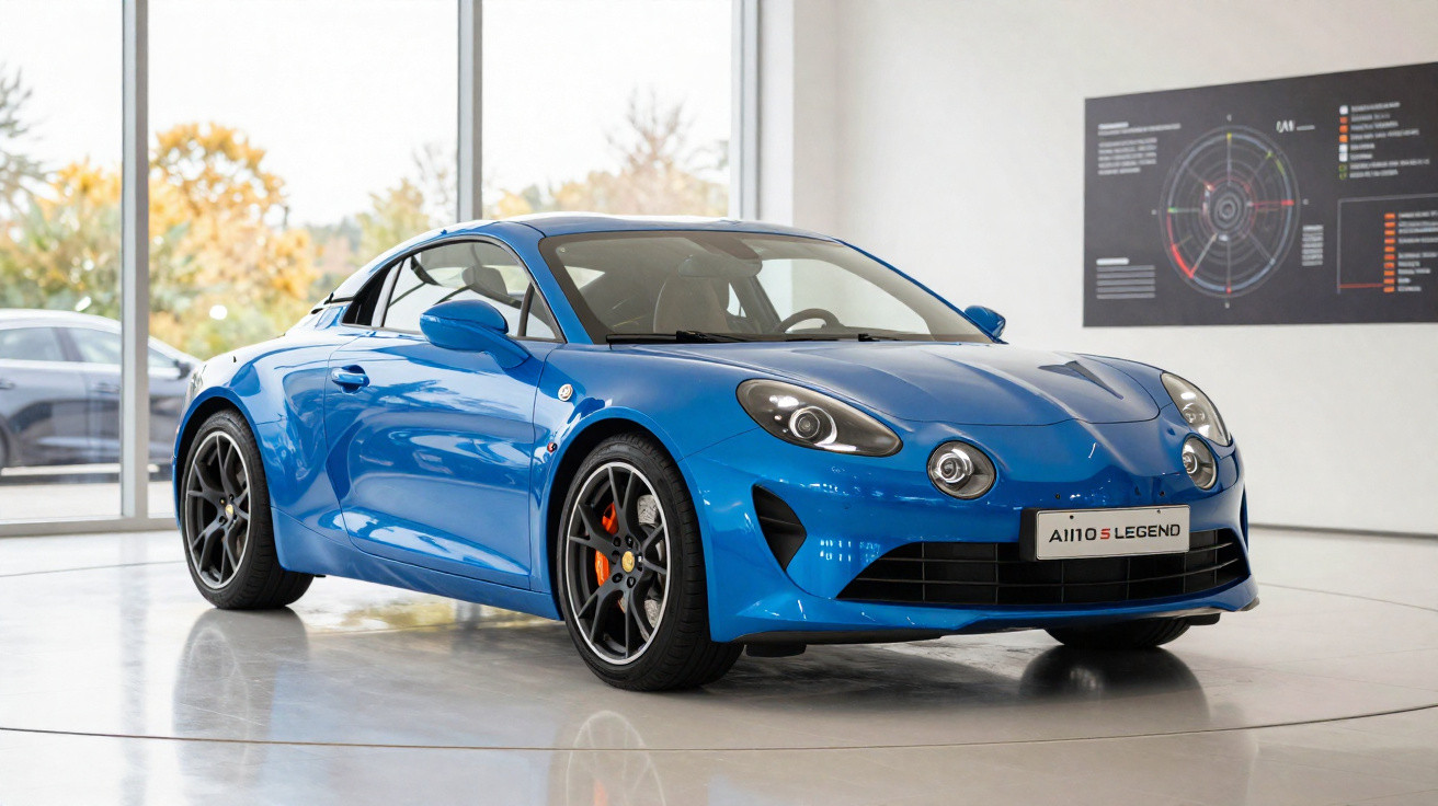 Carro esportivo azul em exposição dentro de showroom com janela ampla ao fundo.