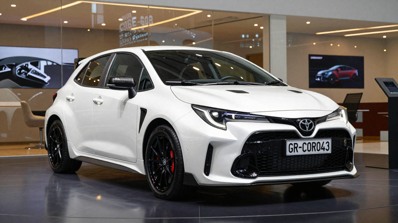 Carro hatch branco Toyota GR Corolla exposto em salão automotivo com rodas pretas.