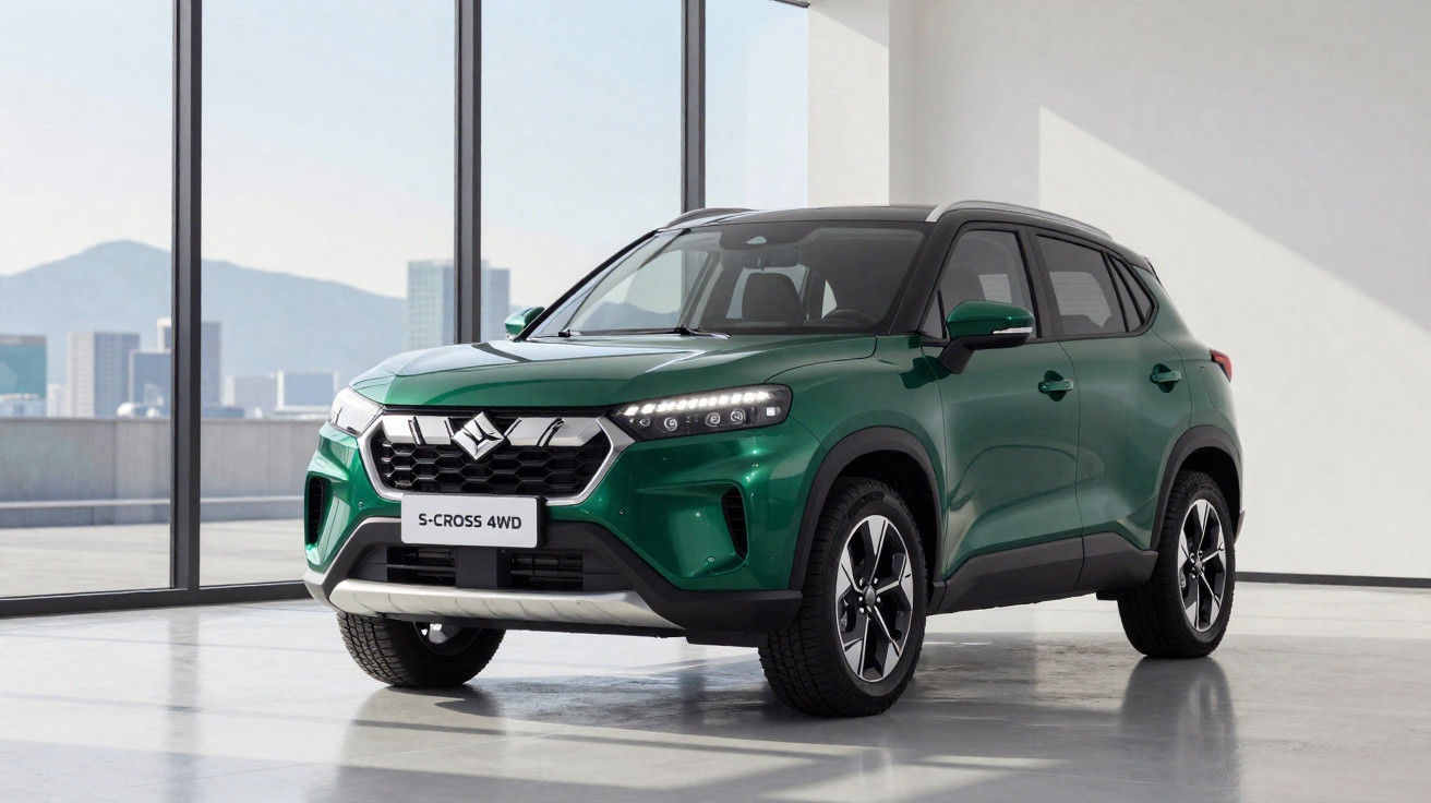 SUV Suzuki S-Cross 4WD verde em ambiente interno com janela grande e vista para cidade.