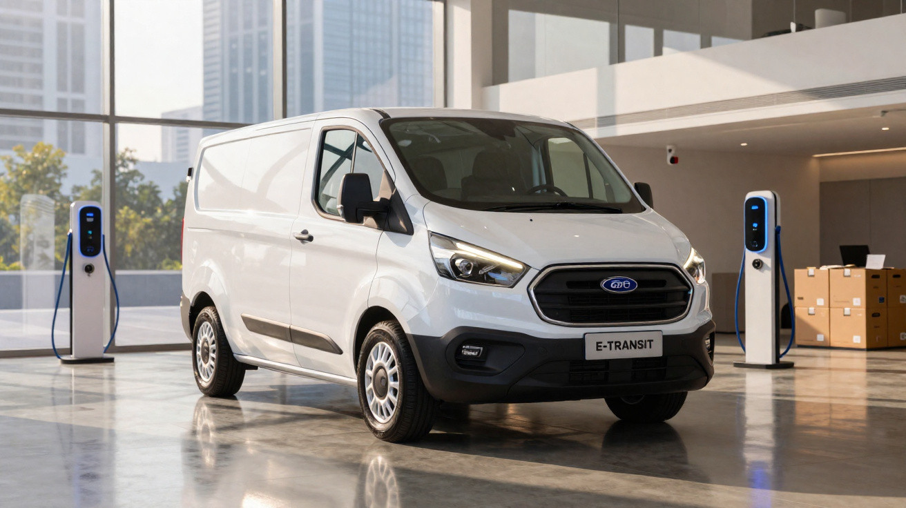 Van branca elétrica E-Transit estacionada dentro de prédio moderno com estações de recarga.