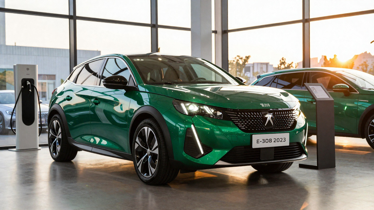 Carro verde Peugeot E-308 2023 em exposição, com carregador de veículo elétrico ao lado, em ambiente interno.