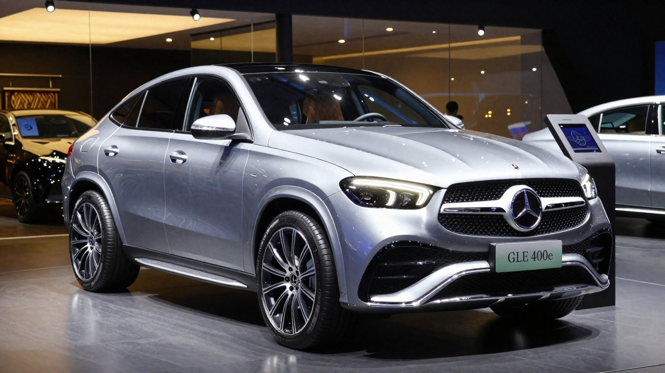 Carro Mercedes-Benz GLE 400e cinza prata exposto em showroom moderno com iluminação focada.