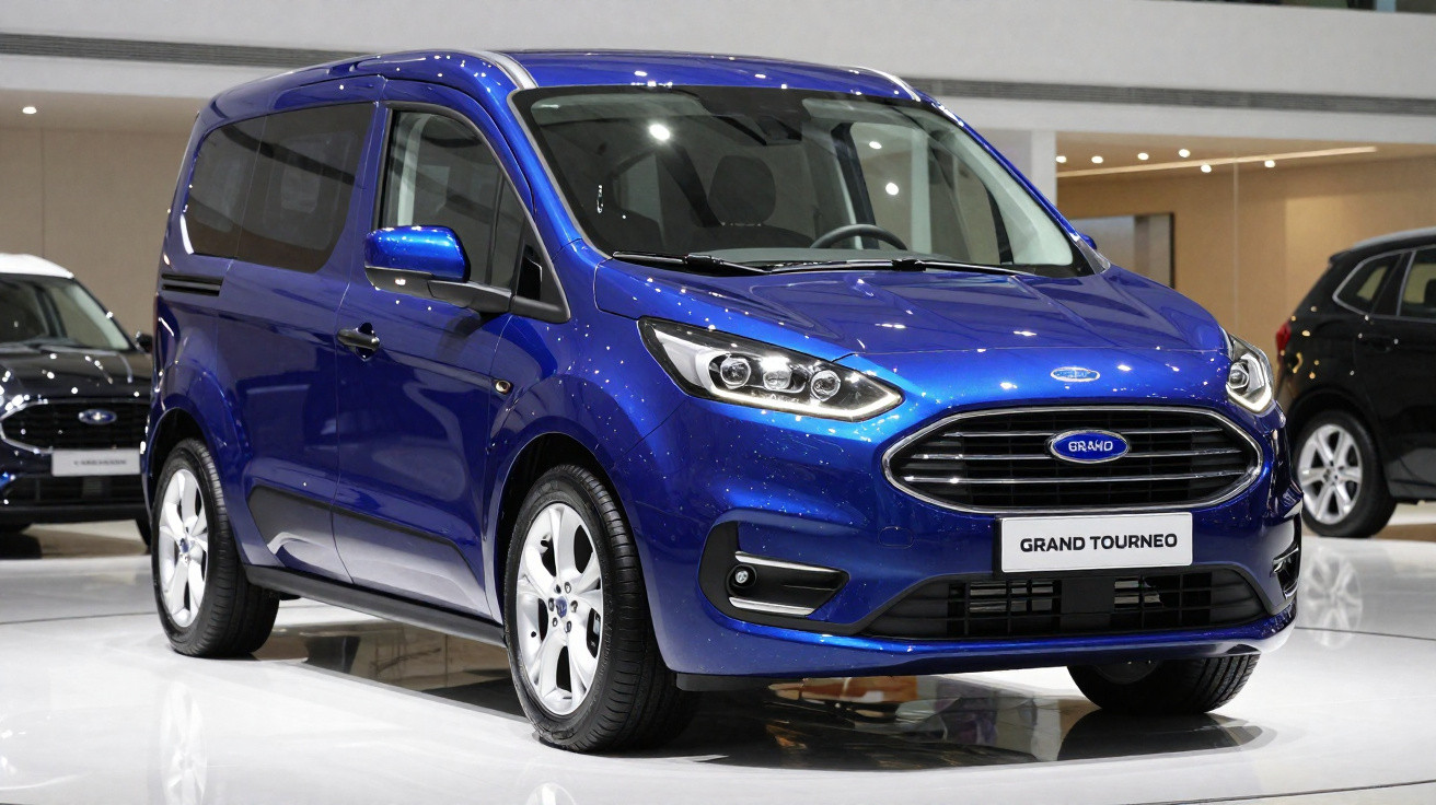 Ford Grand Tourneo azul em exposição em salão automotivo, destaque para frente e rodas.